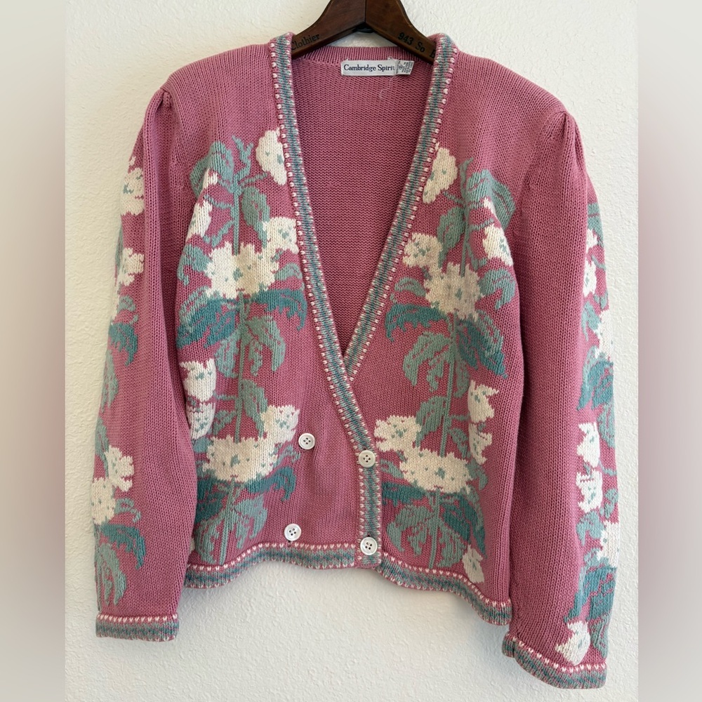 Vintage Cambridge Spirit Floral Knit Cardigan Pink Cottagecore Grandma Sweater S